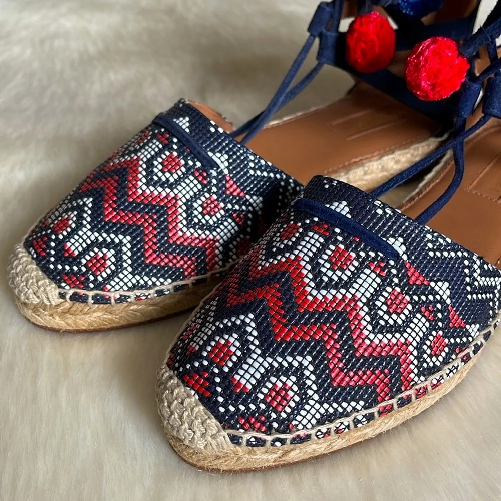 Aquazzura Firenze Belgravia Blue Suede Multicolored Textile Pom-Pom Espadrilles